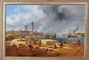 A Panoramic View Of The Wear At Sunderland With Stonemasons At Work On The South Pier by John Wilson Carmichael