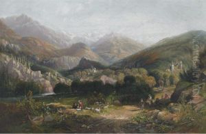 Extensive Alpine Vista With Shepherds Resting And Travelersmingling