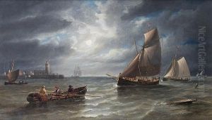 Small Traders And Fishing Boats Running Intoharbour By Moonlight by John Wilson Carmichael