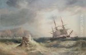 A Three-masted Merchantman Reefed Down Inheavy Seas Off A Rocky Shore by John Wilson Carmichael