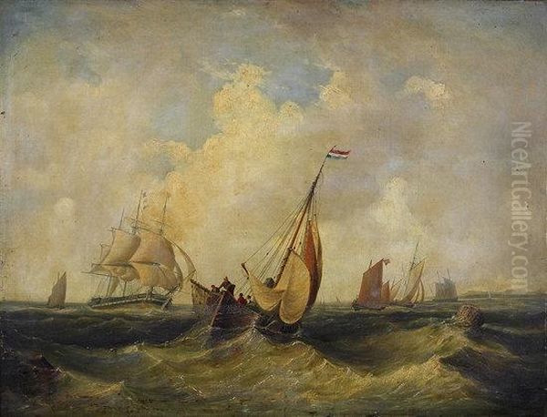 Dutch Fishing Boats And A Frigate In Choppy Sea - view 1