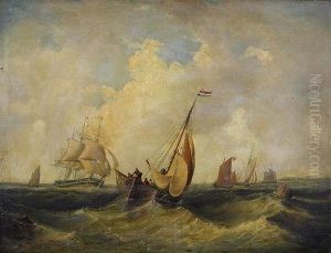 Dutch Fishing Boats And A Frigate In Choppy Sea by John Wilson Carmichael