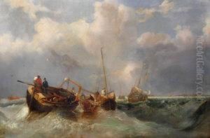 Fishermen Hauling In The Nets At Sea,
With A Distant Third-rate Ship Of The Line Lying At Anchor And Other Shipping by John Wilson Carmichael