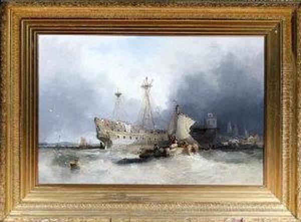 A Three-decker Warship Re-fitting In A Continental Harbour - view 1