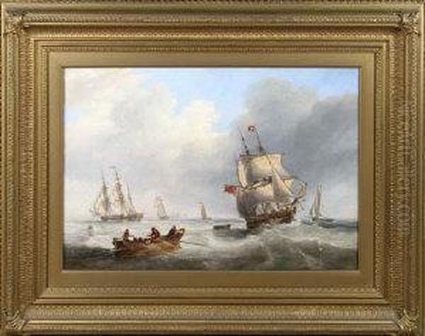 Sailing Ships And A Rowing Boat In A Stiff Breeze - view 1
