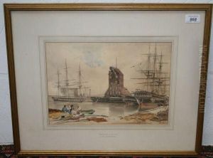 Study Of A Dockside With Figures In A Boat by John Wilson Carmichael