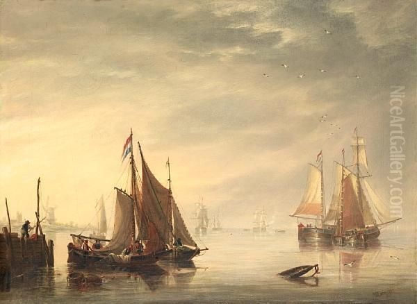 Dutch Traders In A Flat Calm At Eventide Off The East Coast - view 1