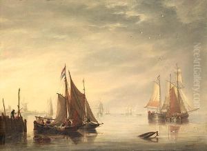 Dutch Traders In A Flat Calm At Eventide Off The East Coast