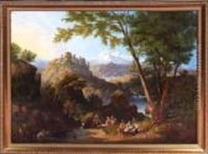 A Panoramic Continental River
Landscape With Figures And Animals In The Foreground And A Castle Beyond by John Wilson Carmichael