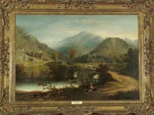 A Broad River Valley With A 
Mother And Child Picnicking At A Roadside, A Man And Pack Horse Crossing
 A Bridge, And A Mill In The Distance