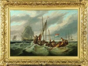 "off The Dutch Coast" - A 
Sailing Barge And A Small Trading Boat In A Swell With A Frigate And 
Other Sailing Vessels Beyond