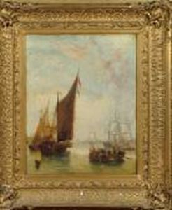 A Timber Barge And Other Vessels Becalmed In A Harbour by John Wilson Carmichael