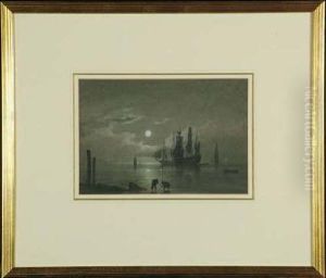 Attributed To John Wilson
Carmichael 7in. X 10 1/4in. A Coastal Scene By Moonlight With Figures
On The Shore In The Foreground And War Ships At Anchor In The Middle
Distance by John Wilson Carmichael