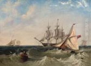 Naval Cutters Offshore With A Frigate Coming To Anchor, Probably Atspithead by John Wilson Carmichael