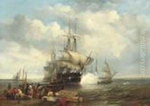 Four Indiamen Preparing To Leave
 The Lower Thames With Passengers Embarking In The Foreground
