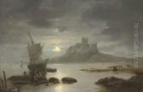 Bamburgh Castle By Moonlight, With Figures And Boats In Theforeground - view 1