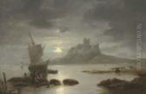 Bamburgh Castle By Moonlight, With Figures And Boats In Theforeground by John Wilson Carmichael