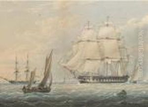 A Royal Naval Frigate Amidst Other Shipping At Spithead by John Wilson Carmichael