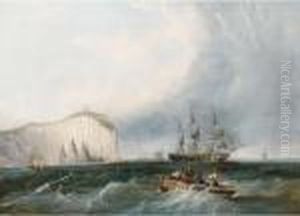 A Frigate Weaving Through Small Craft Off A Lofty Headland