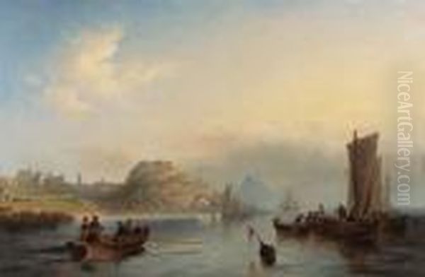 Fishing Boats Off Holy Island, 
Northumberland, With Lindisfarneabbey And Castle In The Distance - view 1