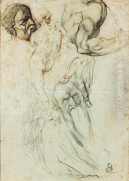 Une Feuille D'etudes : Deux Tetes, Un Homme De Dos, Un Bras, Une Main - view 1