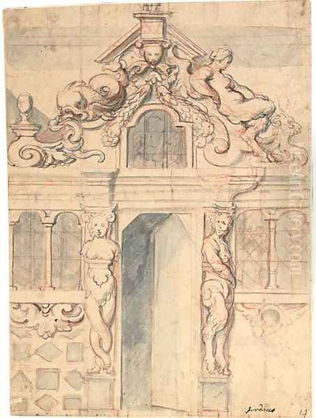An elaborate facade with an open door flanked by a bacchante and a satyr - view 1