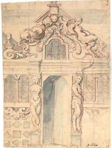 An elaborate facade with an open door flanked by a bacchante and a satyr by Jacob Jordaens