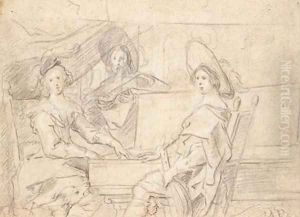 Three women playing music in an interior, a dog in the foreground by Jacob Jordaens