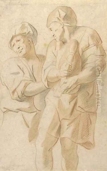 Two figures, one playing the bagpipes - view 1