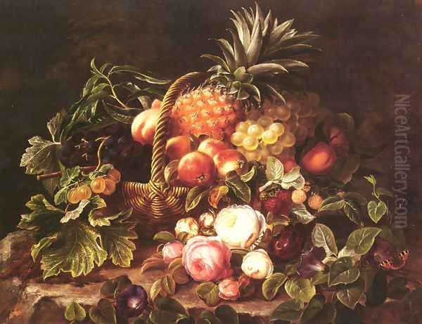 A Still Life Of A Basket Of Fruit And Roses - view 1