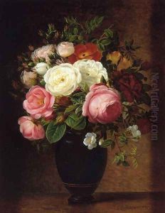 Pink and White Roses in a Black Glaze Amphora on a Brown Marble Ledge by Johan Laurentz Jensen