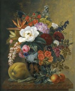Exotic Blooms in a Grecian Urn with Fruit on a Marble Ledge by Johan Laurentz Jensen