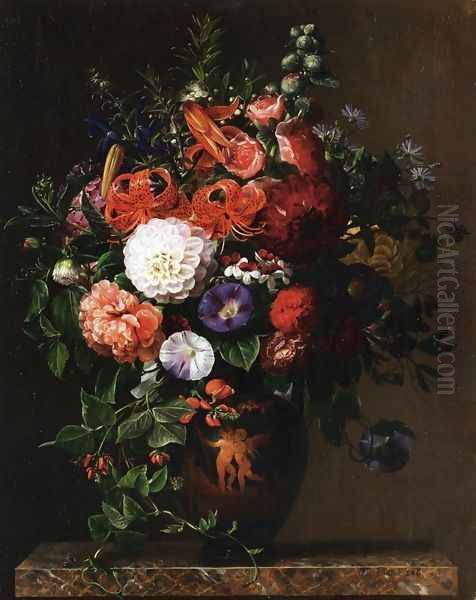Lilies, Peonies, Violets and Roses in a Greek Figure Vase on a Marble Pedestal - view 1
