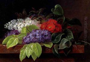 White and purple Lilacs, Camellia and Beech Leaves on a marble Ledge by Johan Laurentz Jensen