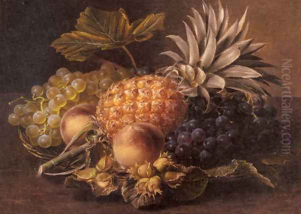 Grapes, a Pineapple, Peaches and Hazelnuts in a Basket - view 1
