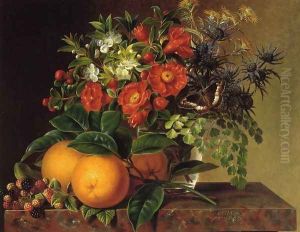 Thistle, Echinops, Myrtle in a Glass Vase with Oranges, Blackberries and a Butterfly no a Brown Marble Ledge by Johan Laurentz Jensen
