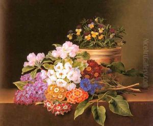 Apple Blossoms, Lilac, Violas, Cornflowers and Primroses on a Ledge by Johan Laurentz Jensen