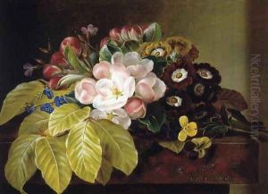 Pansies, Appleblossoms, Gloxinia, Phlox and Primula Auricula on a Brown Marble Ledge by Johan Laurentz Jensen