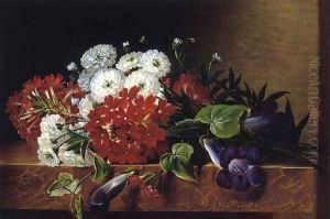 Iris, Dahlia, Pelargonium and Ivy Leaves on a Brown Marble Ledge by Johan Laurentz Jensen