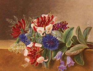 A Still Life with Honeysuckle, Blue Cornflowers and Bluebells on a Marble Ledge by Johan Laurentz Jensen