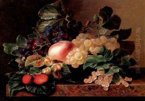 Grapes, Strawberries, a Peach, Hazelnuts and Berries in a Bowl on a marble Ledge by Johan Laurentz Jensen