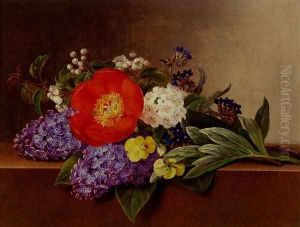 Lilacs, Violets, Pansies, Hawthorn Cuttings, And Peonies On A Marble Ledge