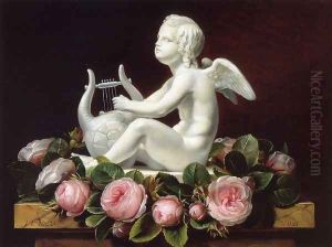 Garland of Pink Roses around 'Cupid Playing a Lyre' on a Brown Marble Ledge