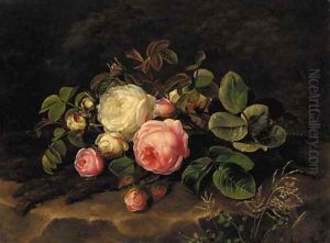 Pink and white roses on a mossy rock by Johan Laurentz Jensen