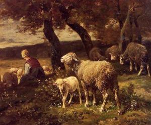 Shepherdess and Sheep by Charles Emile Jacque