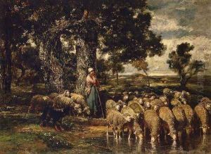 A Shepherdess with Her Flock by Charles Emile Jacque