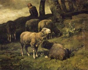 Grazing Sheep with a Sheperdhess Beyond by Charles Emile Jacque