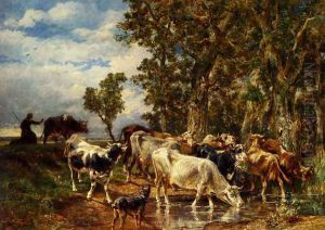 Troupeau De Vaches A L'Abreuvoir by Charles Emile Jacque