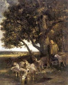 A Shepherdess with Her Flock by a Pool by Charles Emile Jacque