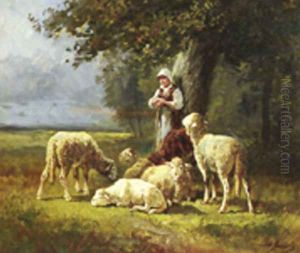 A Shepherdess With Her Flock In A Woodland Clearing by Charles Emile Jacque